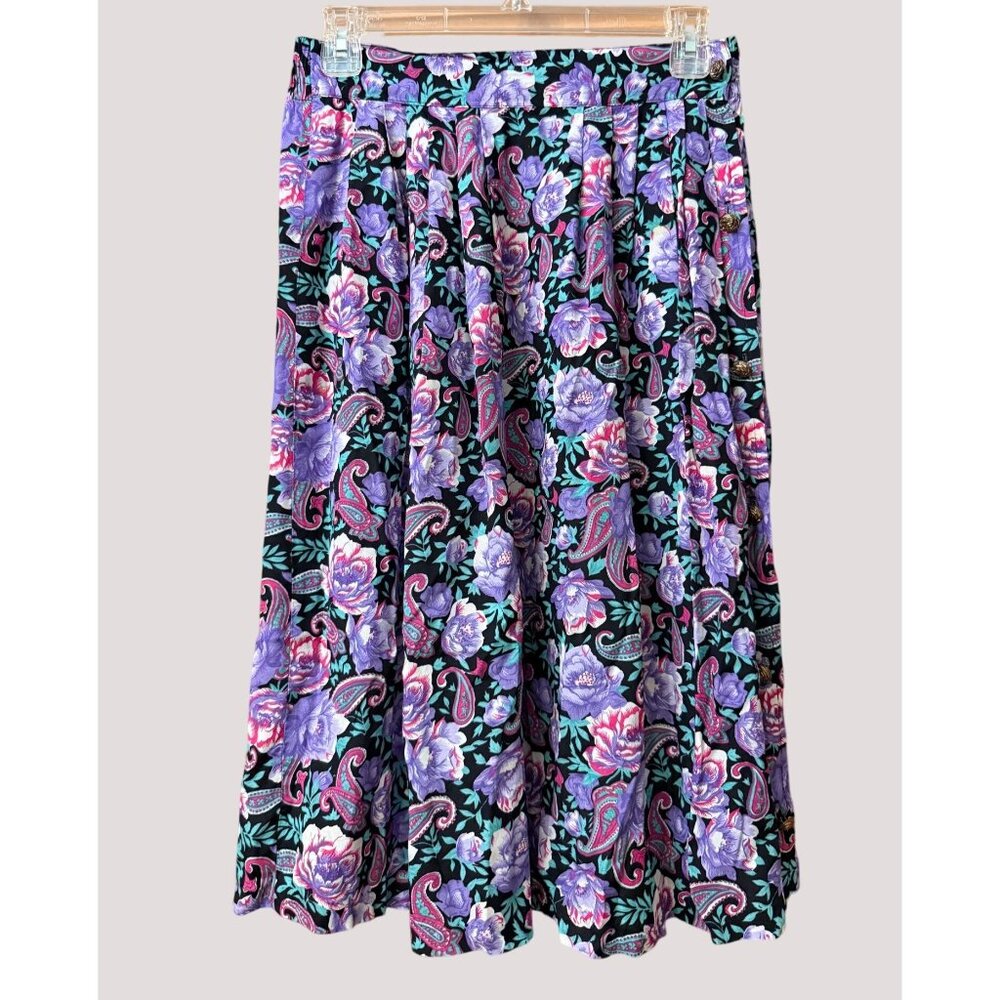 Vintage Floral Paisley Purple Midi Skirt Size 10 Elastic Waist 100% Rayon Boho